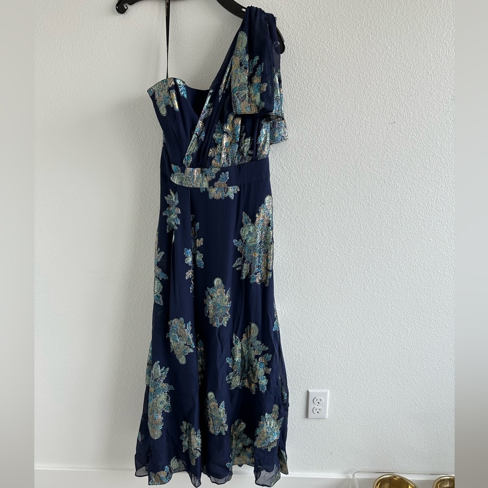 Shoshanna Midnight Formal One Shoulder Dress Navy Blue Metallic Floral | 8